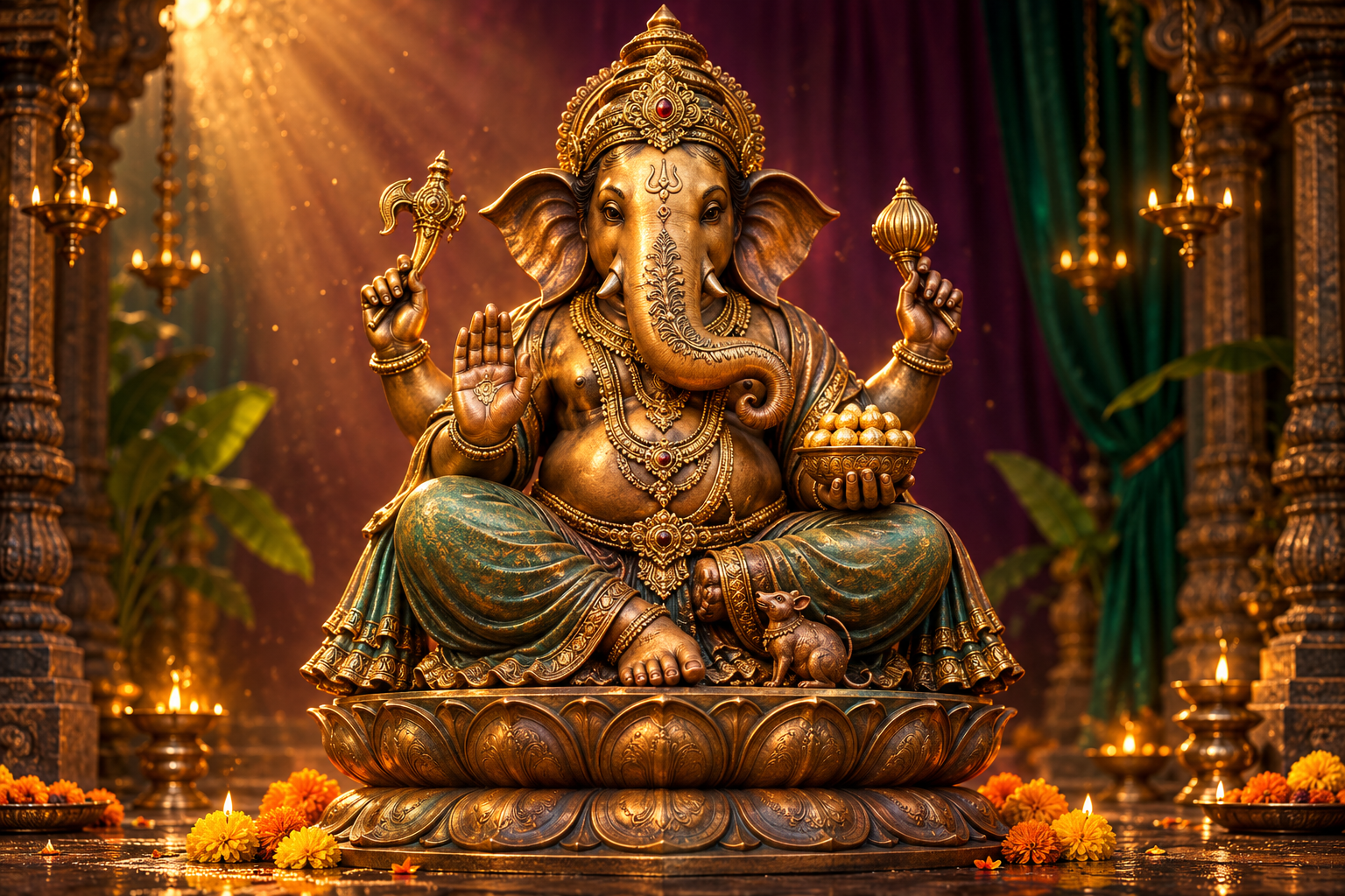 AI-created 3D-style visualization of a golden Vinayakar on a lotus pedestal