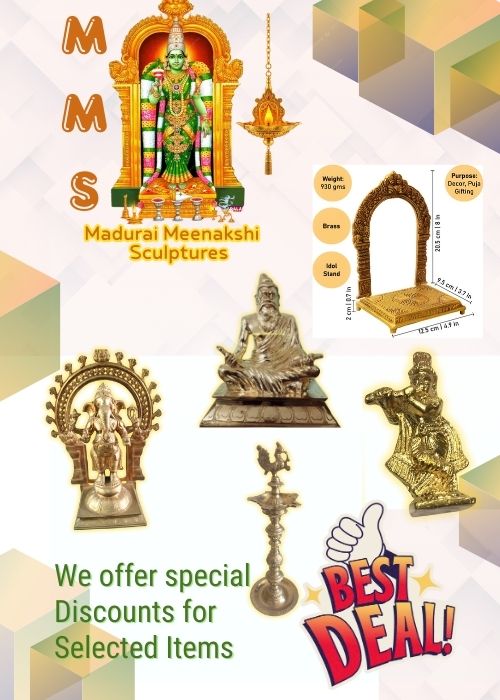 Madurai Meenakshi Sculptures special offers poster featuring idols, lamps and a decorative idol stand